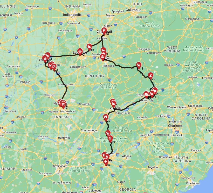 Map for Nashville to Atlanta